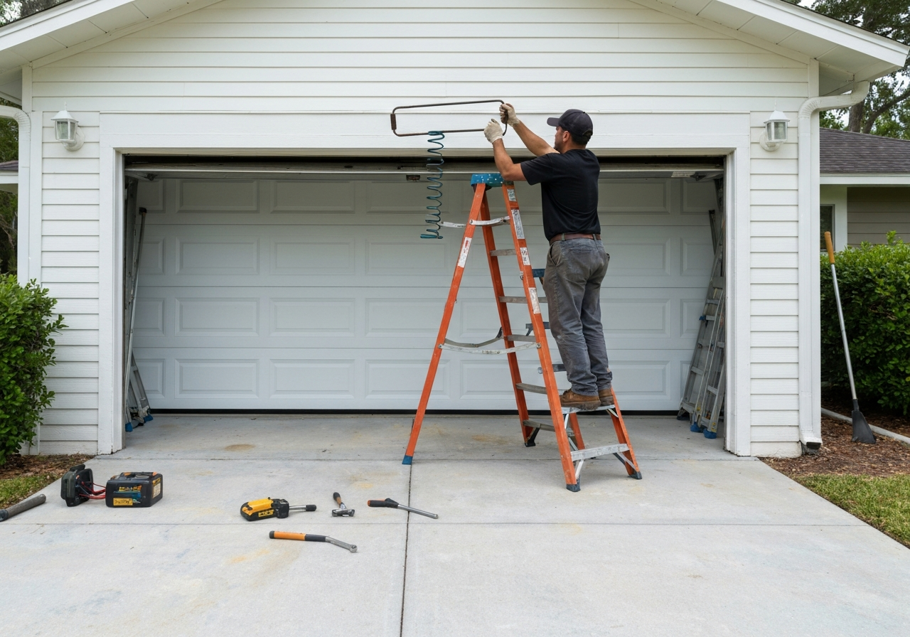 Technician performing garage door repair on ladder with tools