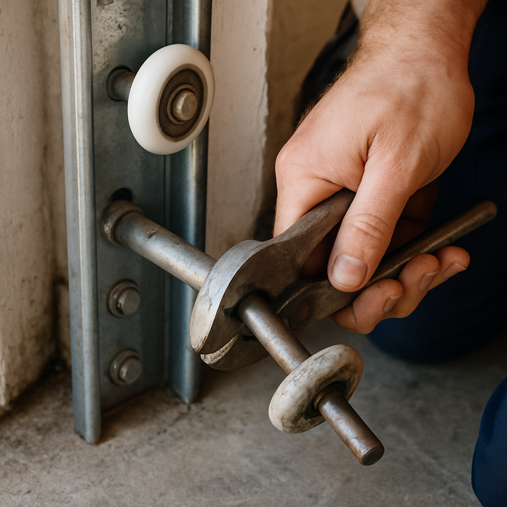 Garage door roller repair with wrench by technician