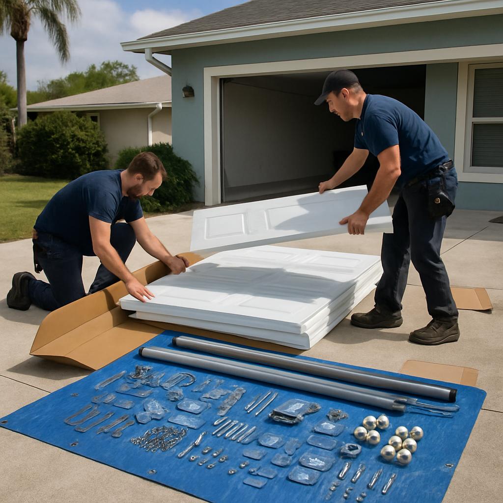 Professionals installing a white garage door.