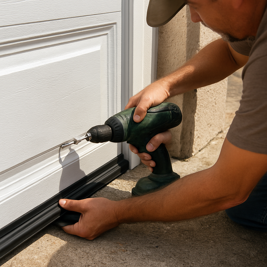 Garage door bottom seal installation with power drill by professional
