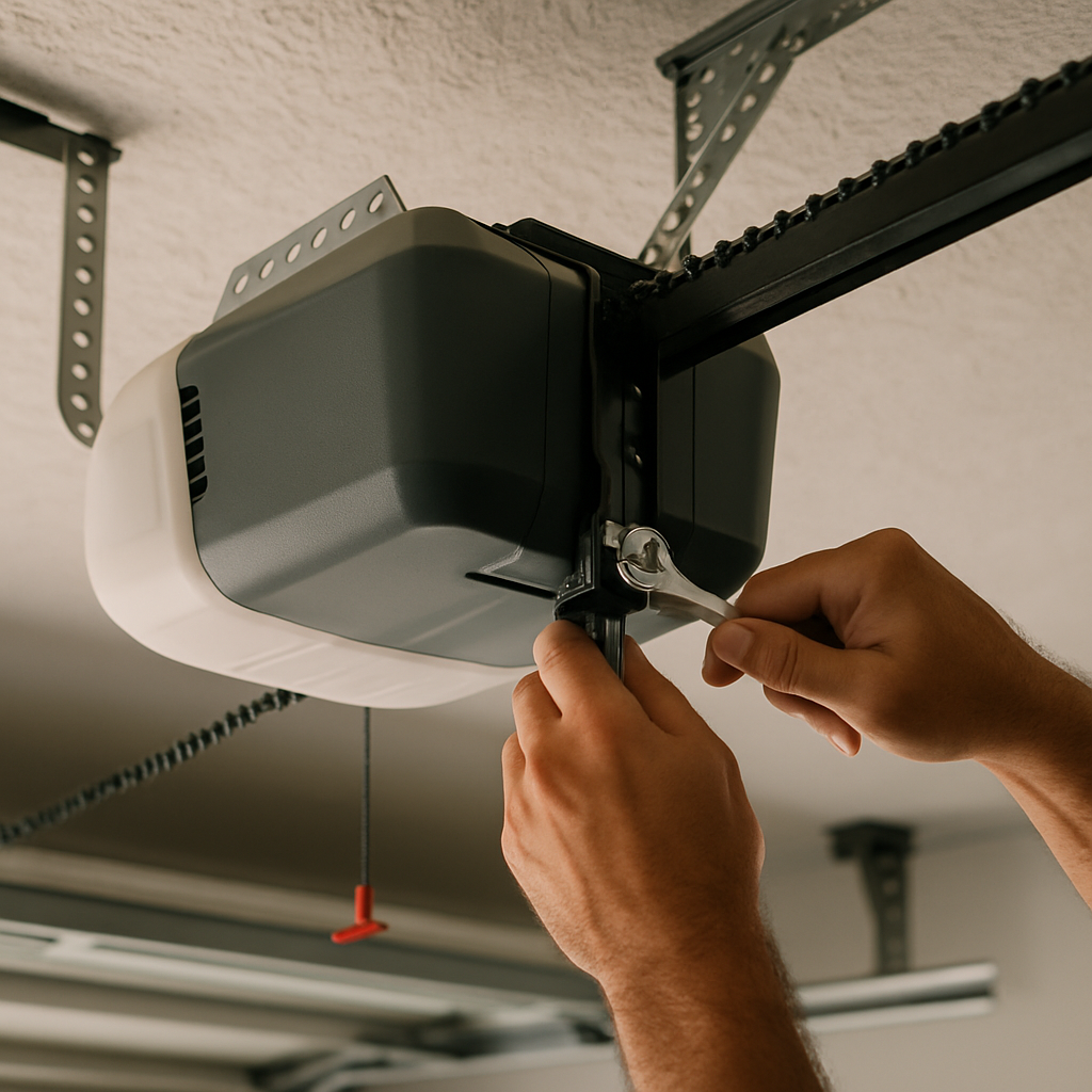 Professional installing garage door opener with wrench