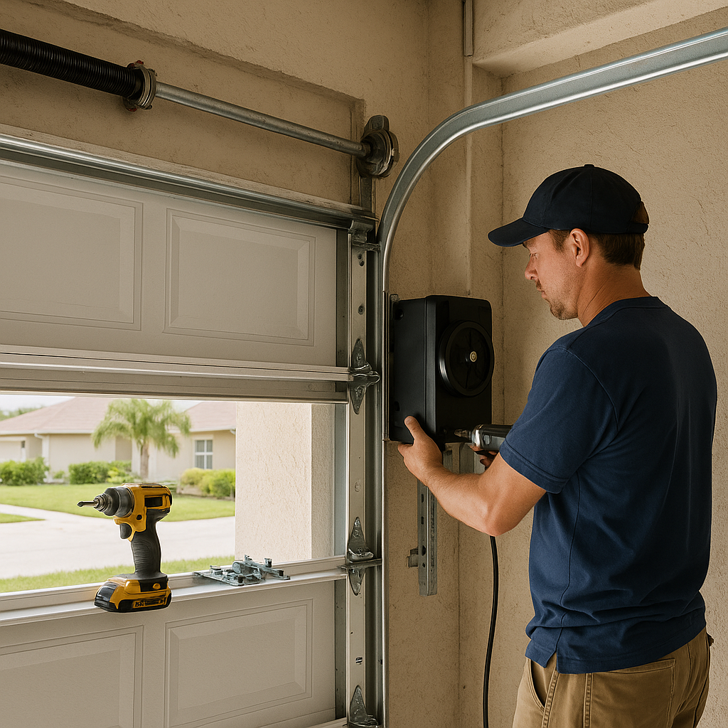Man installing garage door opener with a drill