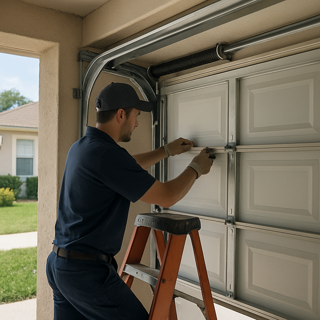 Technician repairing garage door parts on a ladder. in Port Charlotte, FL